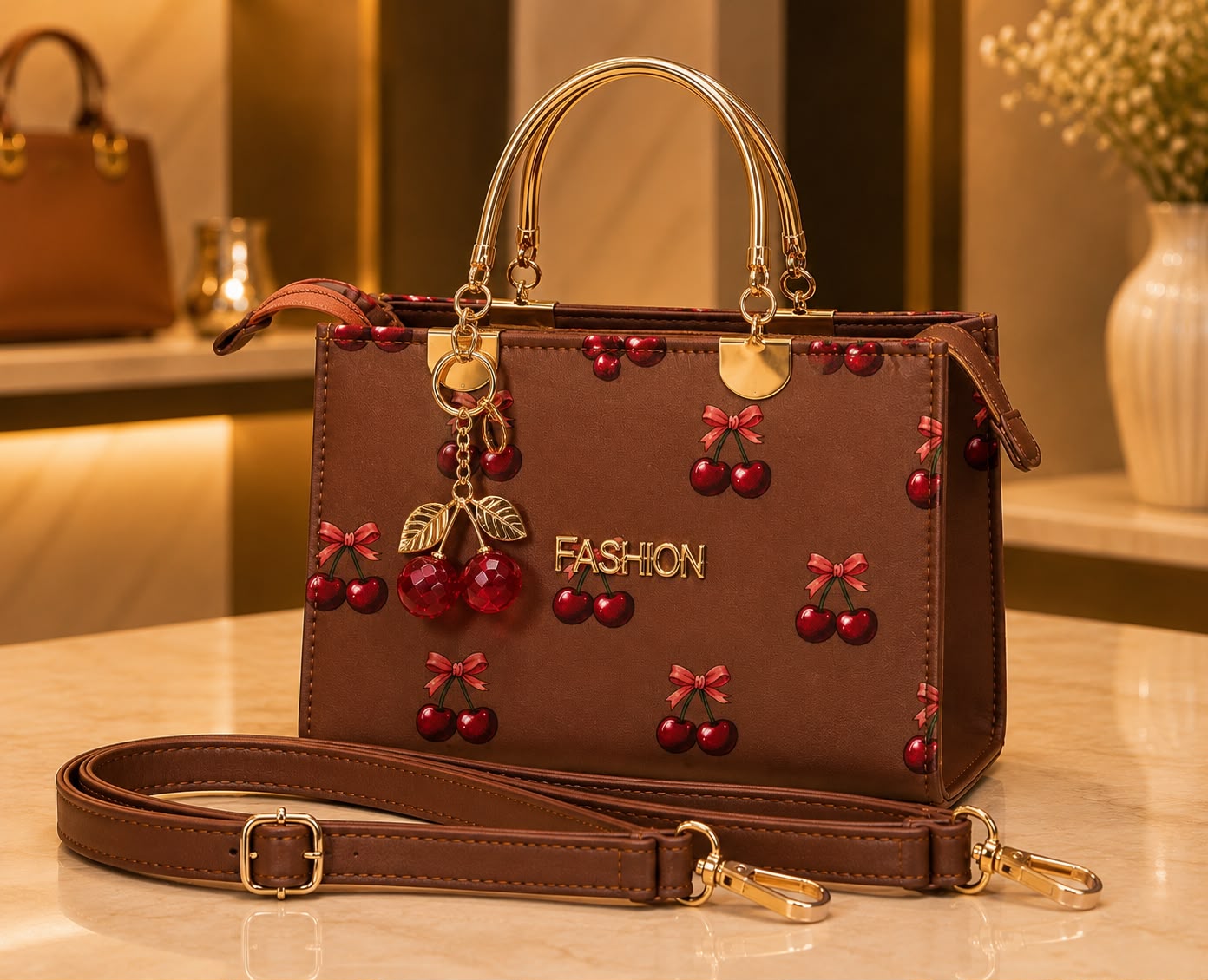 Cherry Print Top Handle Handbag for Women