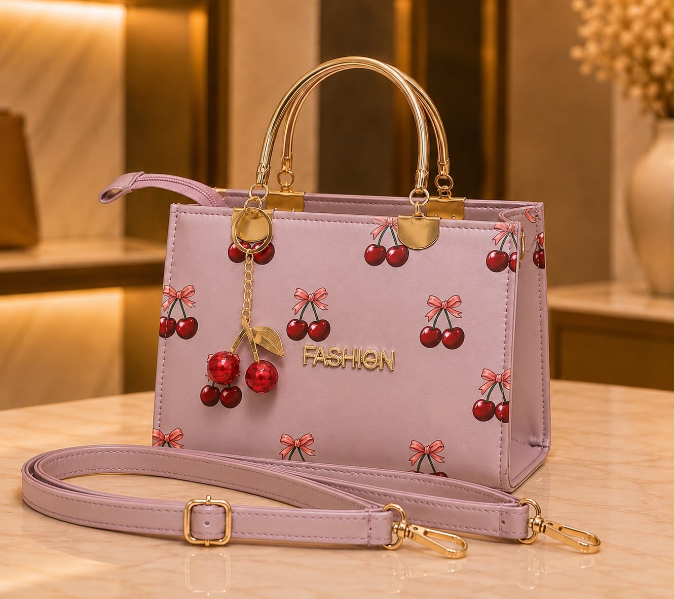 Cherry Print Top Handle Handbag for Women