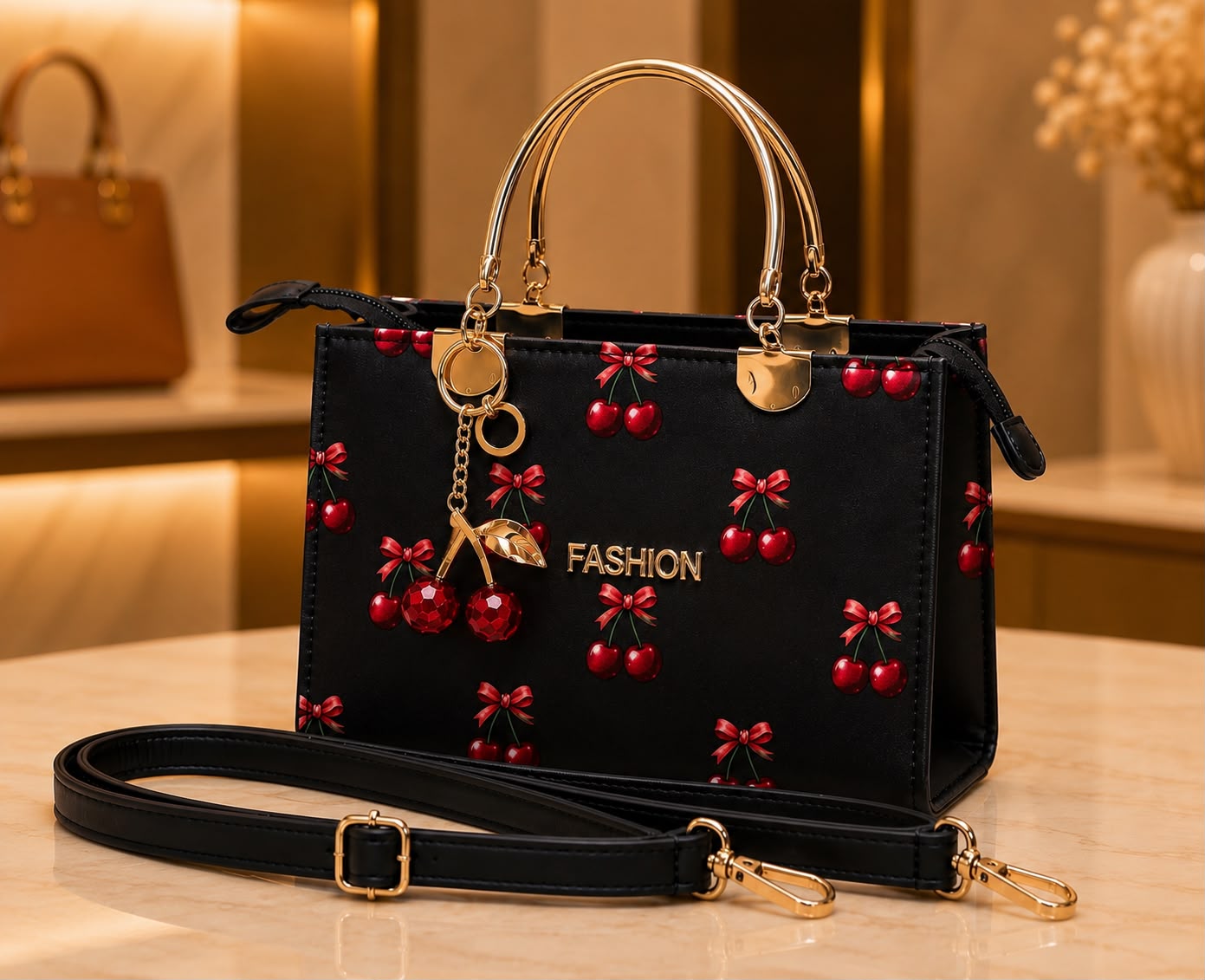 Cherry Print Top Handle Handbag for Women
